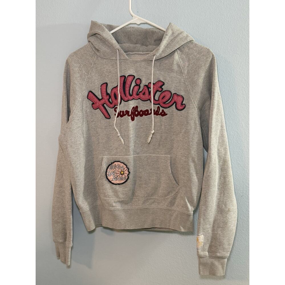 Vintage Y2K Hollister Hoodie Women L Gray Preppy Sweater Surfboards Sunshine